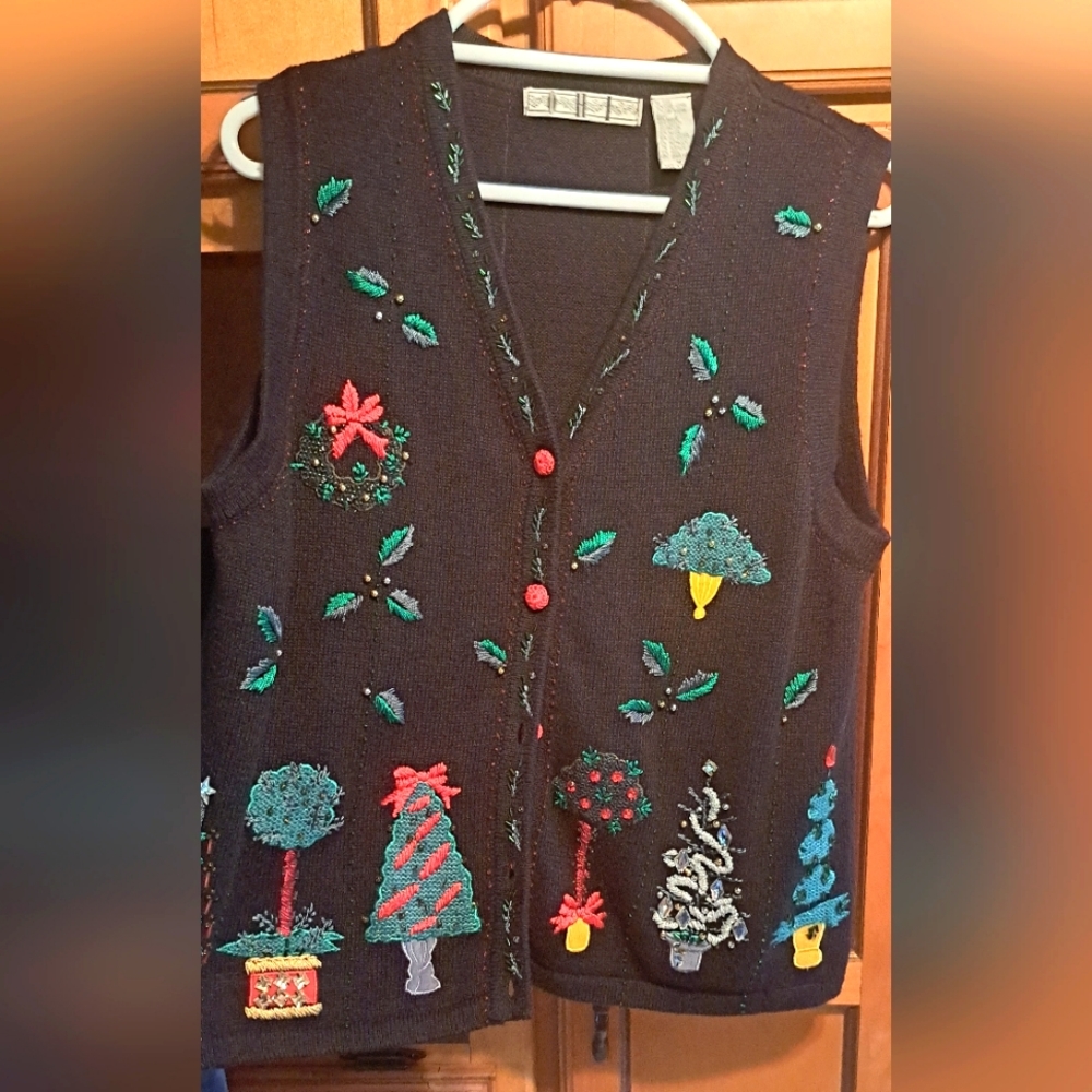 Ladies Beautiful Christmas Embroidered Novelty Black Vest OHI MED